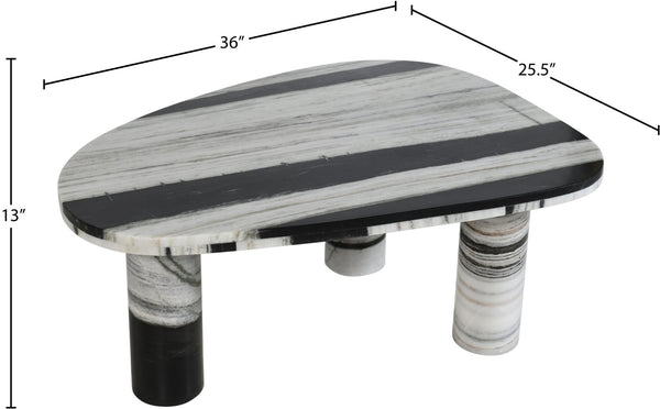 Meridian Furniture Messina Genuine Marble Coffee Table with Sculptural Triple Column Base for Modern Living Rooms Panda Genuine Marble 99008Panda-CT
