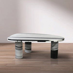 Meridian Furniture Messina Genuine Marble Coffee Table with Sculptural Triple Column Base for Modern Living Rooms Panda Genuine Marble 99008Panda-CT
