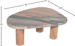 Meridian Furniture Messina Genuine Marble Coffee Table with Sculptural Triple Column Base for Modern Living Rooms Pink Genuine Marble 99008Pink-CT
