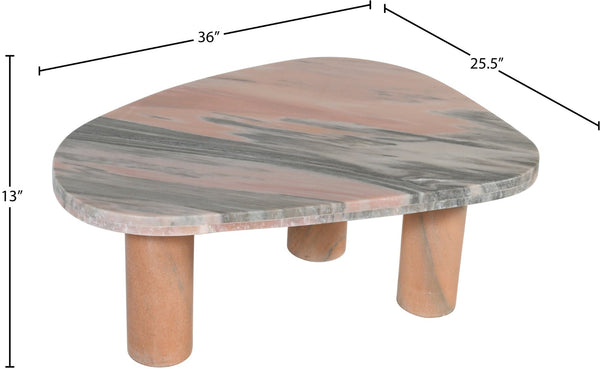 Meridian Furniture Messina Genuine Marble Coffee Table with Sculptural Triple Column Base for Modern Living Rooms Pink Genuine Marble 99008Pink-CT