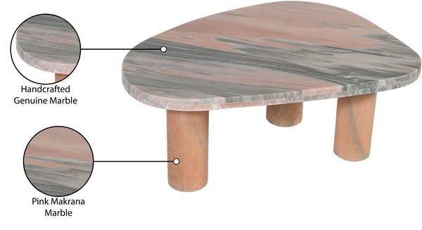 Meridian Furniture Messina Genuine Marble Coffee Table with Sculptural Triple Column Base for Modern Living Rooms Pink Genuine Marble 99008Pink-CT
