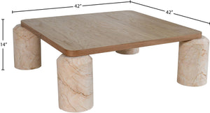 Meridian Furniture Ferrara Art Deco Square Coffee Table with Stone Base and Oak Top for Stylish Living Room Decor Beige 99009Beige-CT