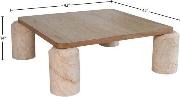 Meridian Furniture Ferrara Art Deco Square Coffee Table with Stone Base and Oak Top for Stylish Living Room Decor Beige 99009Beige-CT