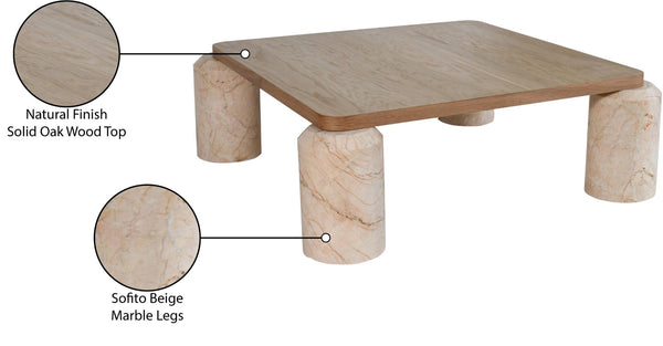 Meridian Furniture Ferrara Art Deco Square Coffee Table with Stone Base and Oak Top for Stylish Living Room Decor Beige 99009Beige-CT