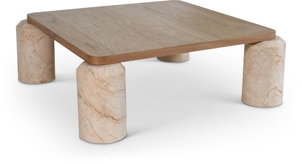 Meridian Furniture Ferrara Art Deco Square Coffee Table with Stone Base and Oak Top for Stylish Living Room Decor Beige 99009Beige-CT