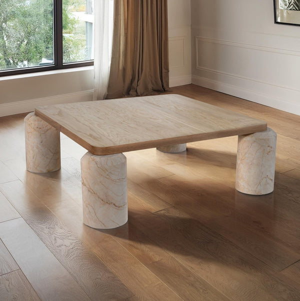 Meridian Furniture Ferrara Art Deco Square Coffee Table with Stone Base and Oak Top for Stylish Living Room Decor Beige 99009Beige-CT