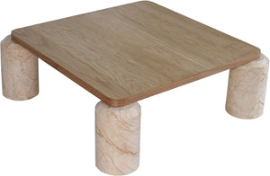 Meridian Furniture Ferrara Art Deco Square Coffee Table with Stone Base and Oak Top for Stylish Living Room Decor Beige 99009Beige-CT