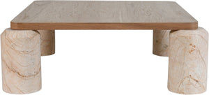 Meridian Furniture Ferrara Art Deco Square Coffee Table with Stone Base and Oak Top for Stylish Living Room Decor Beige 99009Beige-CT