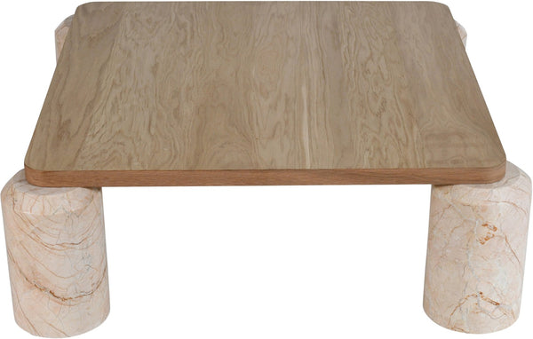 Meridian Furniture Ferrara Art Deco Square Coffee Table with Stone Base and Oak Top for Stylish Living Room Decor Beige 99009Beige-CT