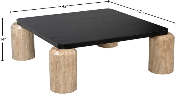 Meridian Furniture Ferrara Art Deco Square Coffee Table with Stone Base and Oak Top for Stylish Living Room Decor Natural 99009Travertine-CT