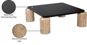 Meridian Furniture Ferrara Art Deco Square Coffee Table with Stone Base and Oak Top for Stylish Living Room Decor Natural 99009Travertine-CT