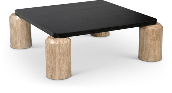 Meridian Furniture Ferrara Art Deco Square Coffee Table with Stone Base and Oak Top for Stylish Living Room Decor Natural 99009Travertine-CT