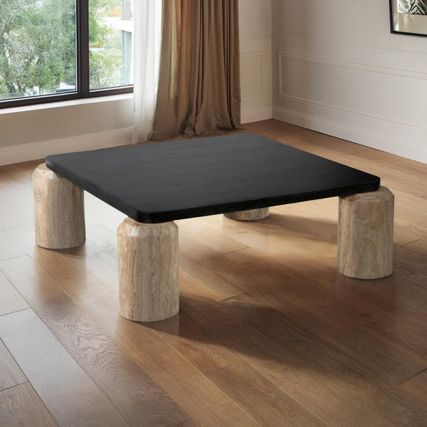Meridian Furniture Ferrara Art Deco Square Coffee Table with Stone Base and Oak Top for Stylish Living Room Decor Natural 99009Travertine-CT