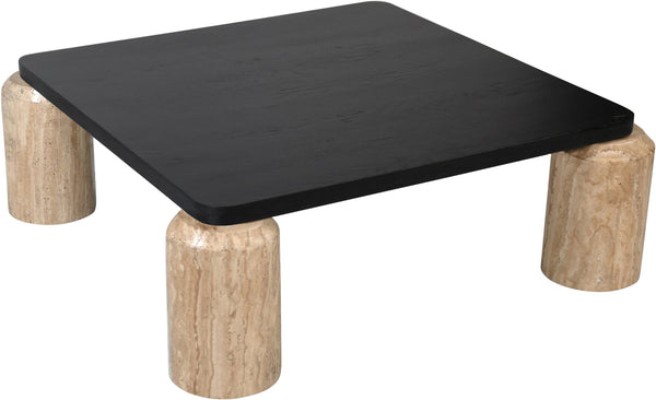 Meridian Furniture Ferrara Art Deco Square Coffee Table with Stone Base and Oak Top for Stylish Living Room Decor Natural 99009Travertine-CT