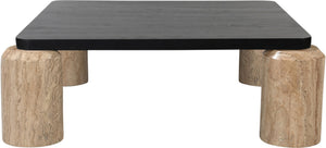 Meridian Furniture Ferrara Art Deco Square Coffee Table with Stone Base and Oak Top for Stylish Living Room Decor Natural 99009Travertine-CT