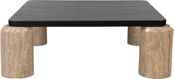Meridian Furniture Ferrara Art Deco Square Coffee Table with Stone Base and Oak Top for Stylish Living Room Decor Natural 99009Travertine-CT
