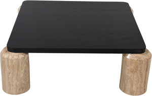 Meridian Furniture Ferrara Art Deco Square Coffee Table with Stone Base and Oak Top for Stylish Living Room Decor Natural 99009Travertine-CT