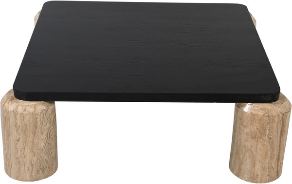 Meridian Furniture Ferrara Art Deco Square Coffee Table with Stone Base and Oak Top for Stylish Living Room Decor Natural 99009Travertine-CT
