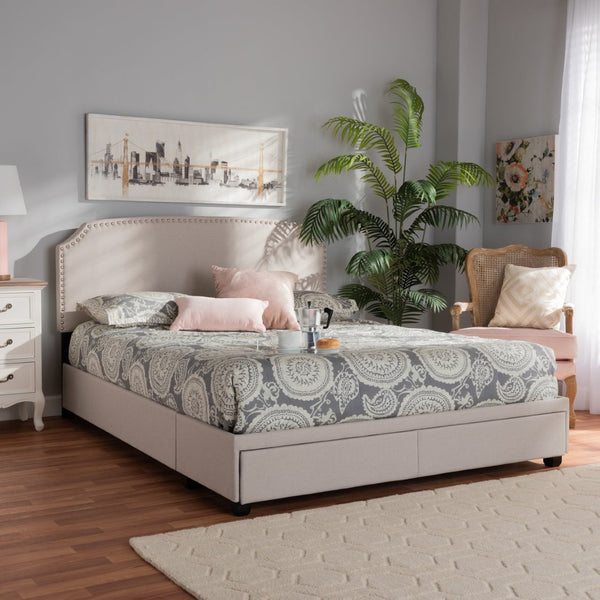 Baxton Studio Baxton Studio Larese Queen Platform Bed: Elegant Beige Upholstered Storage with Silver Accents Larese-Beige-Queen