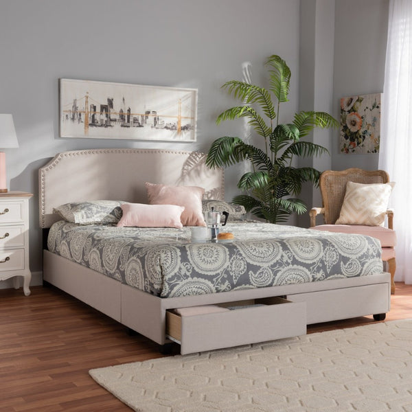 Baxton Studio Baxton Studio Larese Queen Platform Bed: Elegant Beige Upholstered Storage with Silver Accents Larese-Beige-Queen