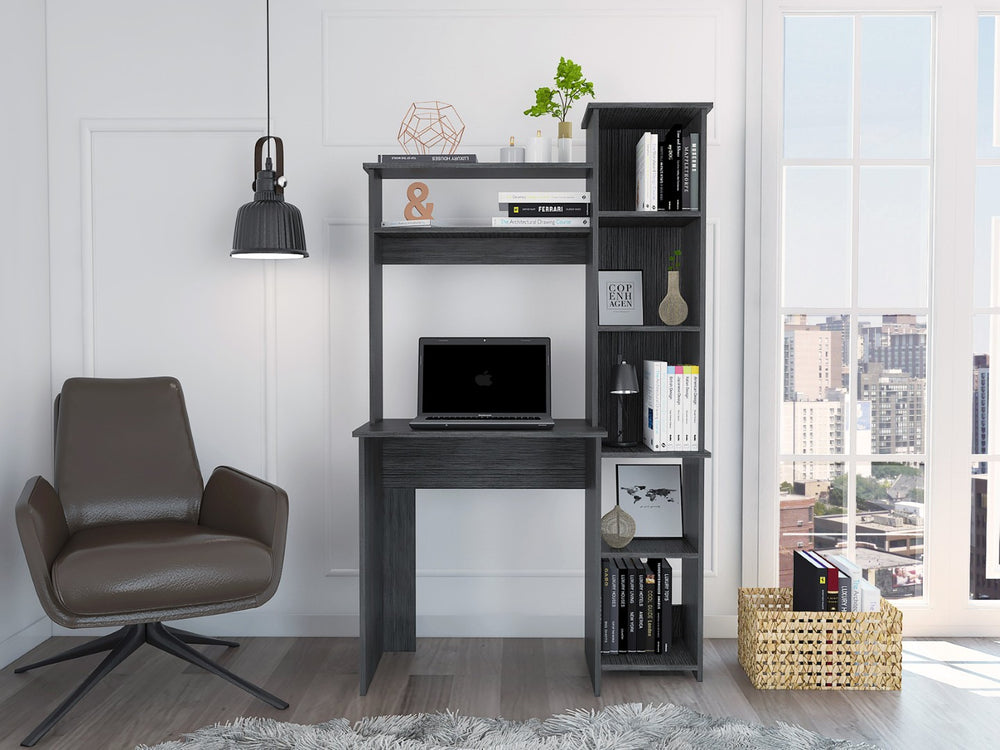 English Elm Versalles Writing Desk - Compact Smokey Oak Desk With Hutch & 5 Cubbies For Smart Storage Solutions B20092003-GIGA