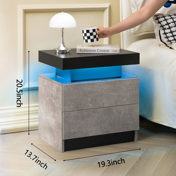 English Elm Nightstand LED Bedside Table with Adjustable Multi-Color Lights, Sleek Modern End Table for Bedroom Black+ Gray 22.83 L x 16.93 W x 7.68 H W2178138727