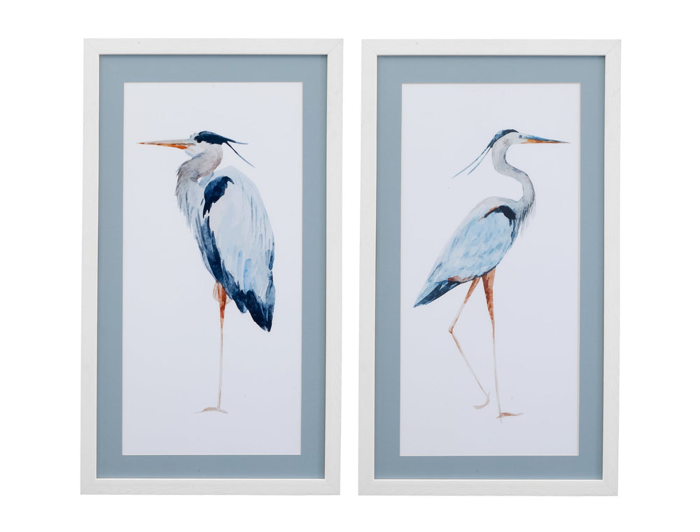 Basset Mirror Heron Framed Print Set Of 2 - Elegant Blue Mat & White Wood Molding, Usa-made Art For Your Home White Wood Frame,Clear Glass 9902-068-000