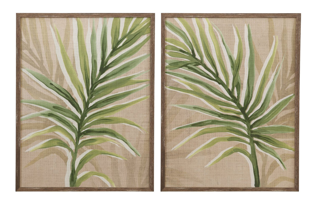 Basset Mirror Burlap Palm Frond Framed Print Set Of 2 - Rustic Brown Barnwood Frames For Tropical Home Decor Green Wood 9902-330-000
