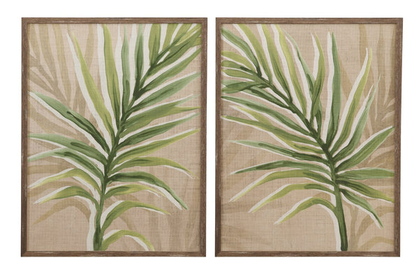 Basset Mirror Burlap Palm Frond Framed Print Set Of 2 - Rustic Brown Barnwood Frames For Tropical Home Decor Green Wood 9902-330-000