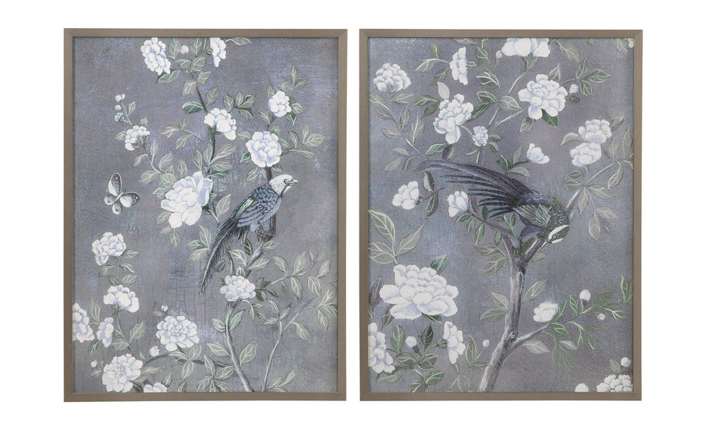 Basset Mirror Birds & Blooms Framed Prints Set Of 2 - Textured Canvas Effect In Elegant Pewter Shadow Box Molding Blue Wood 9902-335-000