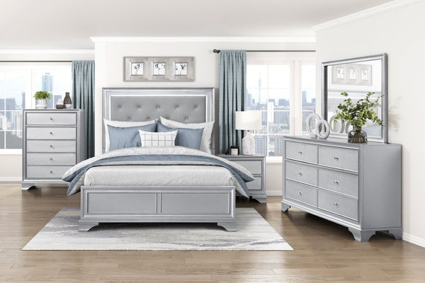 English Elm Silver Framed Queen Bed Tufted Knit Headboard with Built-in Led Ambient Lighting Glam B011S02470