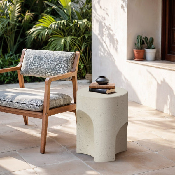 Meridian Furniture Olira Sculptural Concrete Fiberglass End Table for Indoor Outdoor Patio Living Spaces Cream 99028Cream-ET