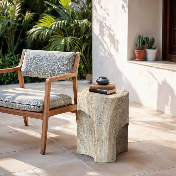 Meridian Furniture Olira Sculptural Concrete Fiberglass End Table for Indoor Outdoor Patio Living Spaces Natural 99028Travertine-ET