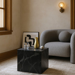 Meridian Furniture Piazza Concrete End Table with Art Deco Marble Finish for Indoor Outdoor Patio Use Black 99029Black-ET