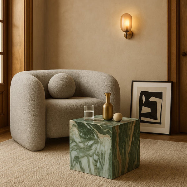 Meridian Furniture Piazza Concrete End Table with Art Deco Marble Finish for Indoor Outdoor Patio Use Green 99029Green-ET