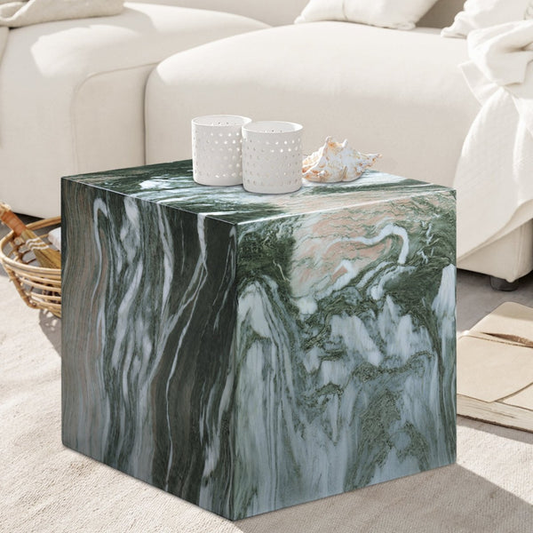 Meridian Furniture Piazza Concrete End Table with Art Deco Marble Finish for Indoor Outdoor Patio Use Green 99029Green-ET