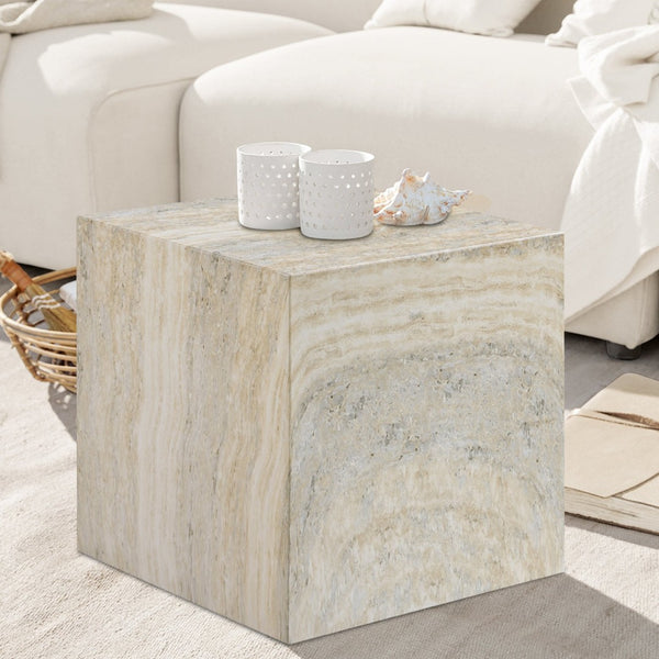 Meridian Furniture Piazza Concrete End Table with Art Deco Marble Finish for Indoor Outdoor Patio Use Natural 99029Travertine-ET