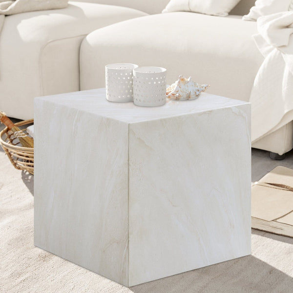 Meridian Furniture Piazza Concrete End Table with Art Deco Marble Finish for Indoor Outdoor Patio Use White 99029White-ET