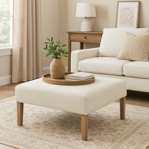 English Elm Dan Woven Cream Upholstered Ottoman Coffee Table with Hardwood Legs for Living Room B056P416999