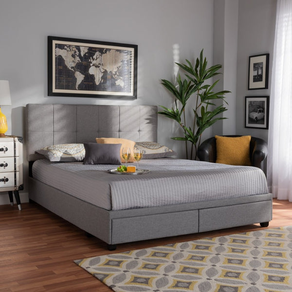 Baxton Studio Baxton Studio Queen Size Upholstered Platform Bed with Storage Drawers and Biscuit Tufted Headboard Light Netti-Grey-Queen