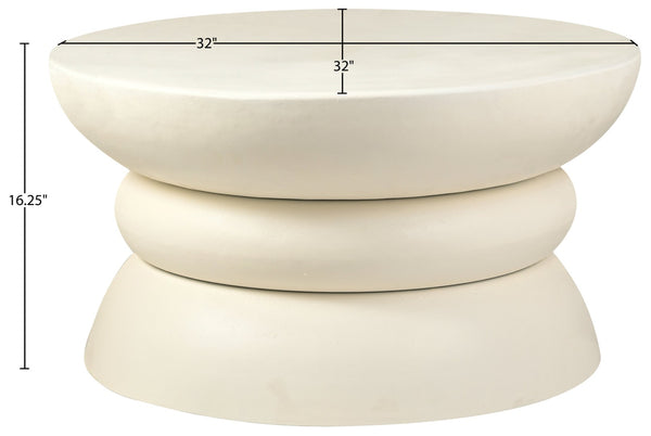 Meridian Furniture Collins Art Deco Aluminum Round Coffee Table with Sculptural Design for Modern Living Rooms Cream 99030Cream-CT