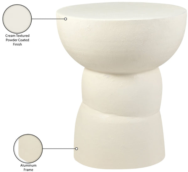 Meridian Furniture Collins Art Deco Aluminum Round End Table with Sculptural Design for Modern Living Rooms Cream 99030Cream-ET