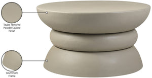 Meridian Furniture Collins Art Deco Aluminum Round Coffee Table with Sculptural Design for Modern Living Rooms Taupe 99030Taupe-CT