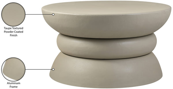 Meridian Furniture Collins Art Deco Aluminum Round Coffee Table with Sculptural Design for Modern Living Rooms Taupe 99030Taupe-CT