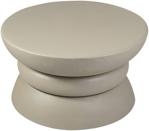 Meridian Furniture Collins Art Deco Aluminum Round Coffee Table with Sculptural Design for Modern Living Rooms Taupe 99030Taupe-CT