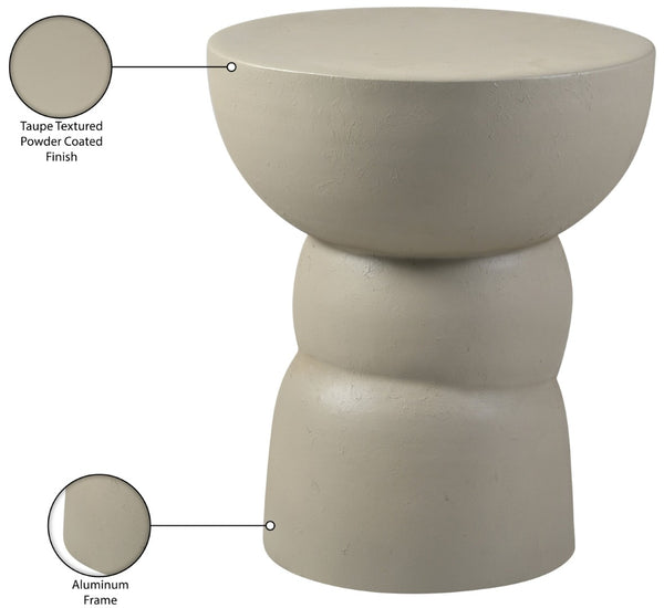 Meridian Furniture Collins Art Deco Aluminum Round End Table with Sculptural Design for Modern Living Rooms Taupe 99030Taupe-ET