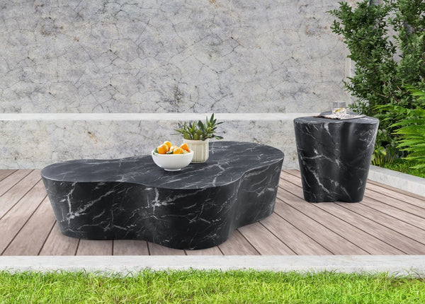 Meridian Furniture Monza Sculptural Concrete End Table with Art Deco Curves and Marble Effect for Indoor Outdoor Use Black 99033Black-ET