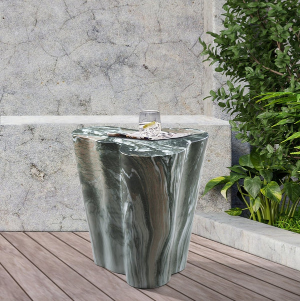Meridian Furniture Monza Sculptural Concrete End Table with Art Deco Curves and Marble Effect for Indoor Outdoor Use Green 99033Green-ET