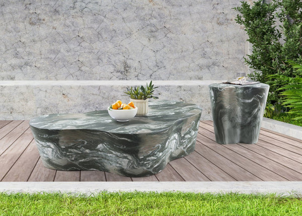 Meridian Furniture Monza Sculptural Concrete End Table with Art Deco Curves and Marble Effect for Indoor Outdoor Use Green 99033Green-ET