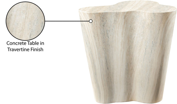Meridian Furniture Monza Sculptural Concrete End Table with Art Deco Curves and Marble Effect for Indoor Outdoor Use Natural 99033Travertine-ET
